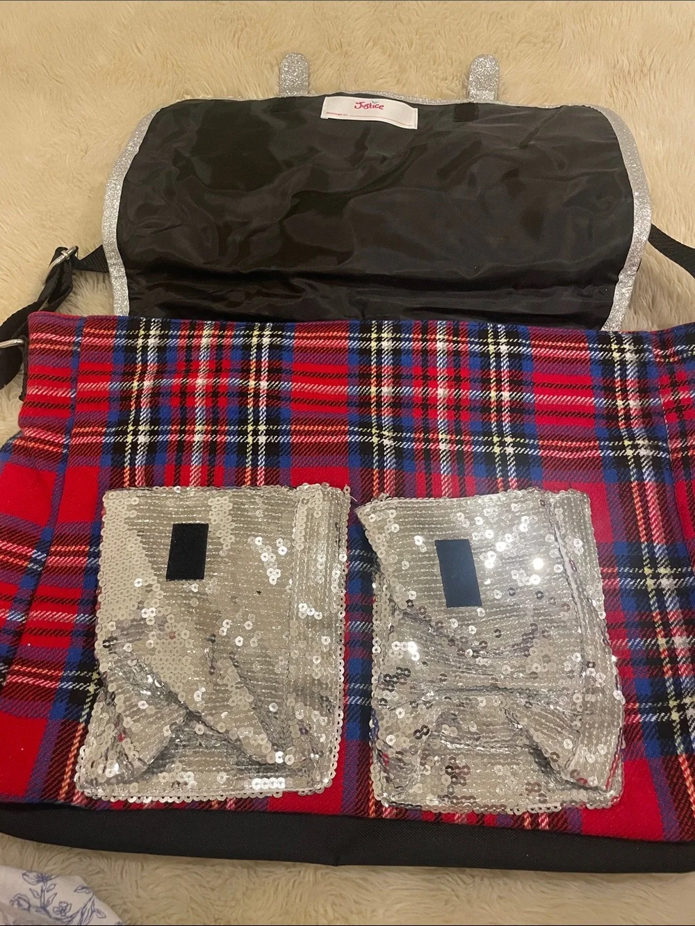 Justice Red Plaid Messenger Bag with Silver Glitter Accents